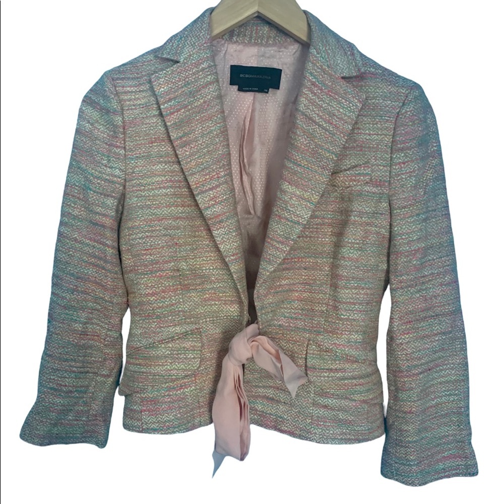 BCBG Maxazaria Pink Silk Tweed Silk Tie Blazer Size XS